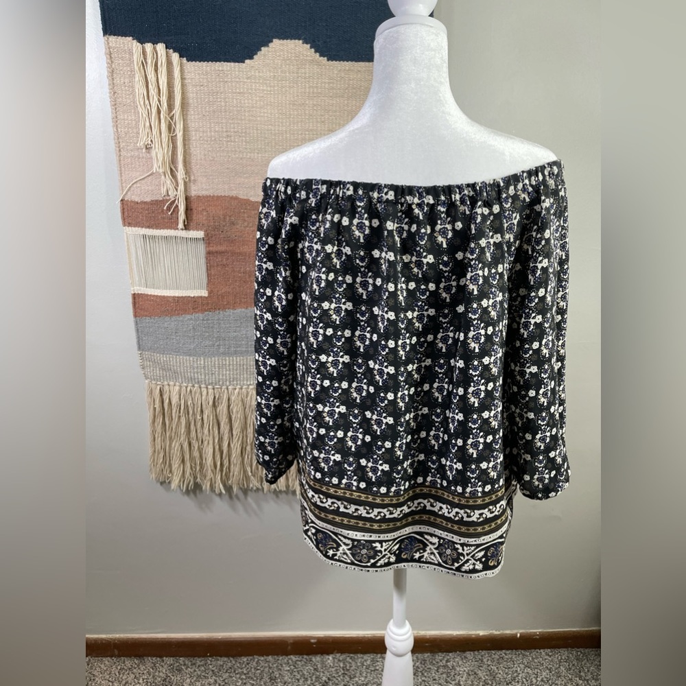 Madewell Black BOho Paisley Off the Shoulder long Sleeve 100% Silk blouse Size s - Picture 6 of 8
